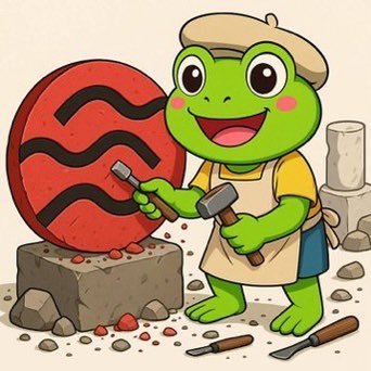 A cheerful cartoon frog wearing a beret and apron hammers away at a large red sphere resembling a Sei Network logo, with sculpting tools scattered around its stone workbench—visually tying the "building" metaphor in the post about Sei season and The FROG Token to the image's stonemason frog crafting ecosystem projects.