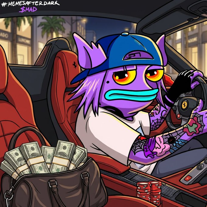 The image features a cartoon character, possibly a frog or a fish, sitting inside a car with a handbag next to them. The character has tattoos on their arm and is wearing a hat. There are stacks of money visible near the character's seat, suggesting that they might be involved in some sort of gambling activity.