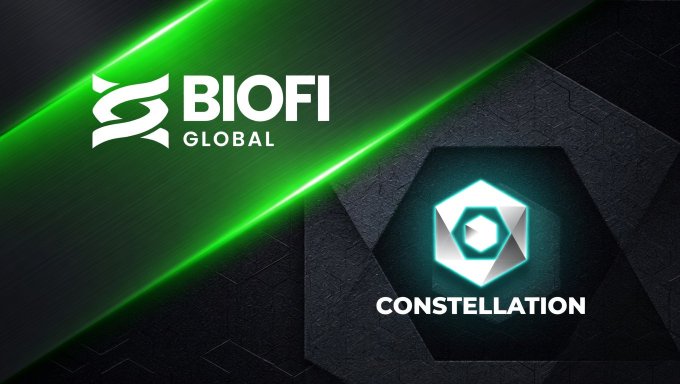 Promotional graphic featuring the BIOFI Global logo with a green laser beam alongside the Constellation ($DAG) hexagonal logo, visually representing the announcement of BIOFI's mainnet launch on the Constellation network.