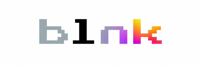 Pixel art text reads 'blinke' with letters in gray, black, purple, yellow, and red on a white background.