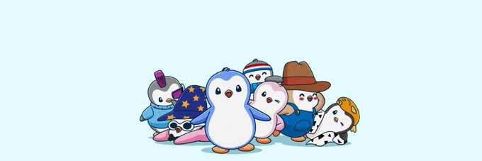 A group of cartoon penguins wearing various accessories like hats and glasses against a light blue background.