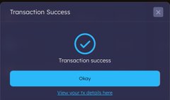 A pop-up notification on a mobile app displaying a blue checkmark with the text 'Transaction Success' and 'Transaction success', along with an 'Okay' button and a link to 'View your TX details here'.