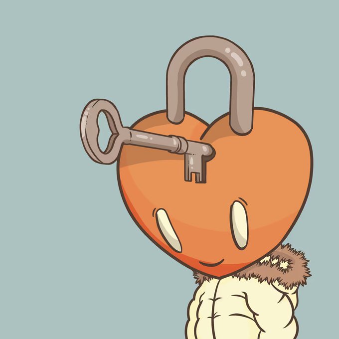 Cartoon illustration of a heart-shaped lock character with a silver key and a smiling face, set against a light blue background.