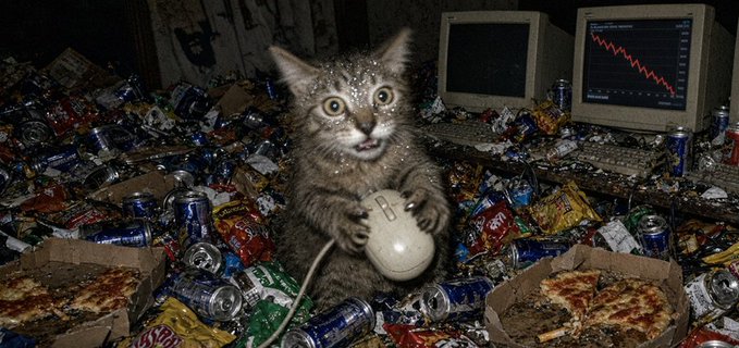 A surreal image of a wide-eyed cat holding a computer mouse, sitting amidst piles of trash, pizza, and old computer monitors displaying a red declining graph.