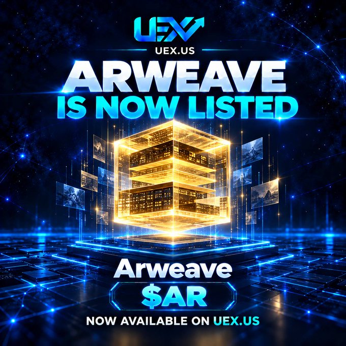 A promotional graphic for cryptocurrency exchange UEX.US announcing that 'ARWEAVE IS NOW LISTED', showing a glowing 3D cube of servers and the ticker '$AR' with the text 'NOW AVAILABLE ON UEX.US'.