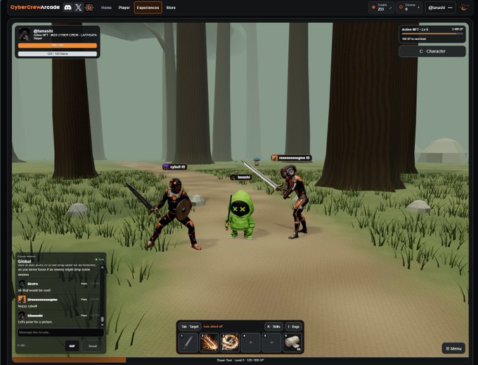 A screenshot of the 'CyberCrewArcade' multiplayer game interface shows three characters—a warrior, a green creature, and a swordsman—in a misty forest environment called 'THE GROVE', with chat, inventory, and quest details visible.
