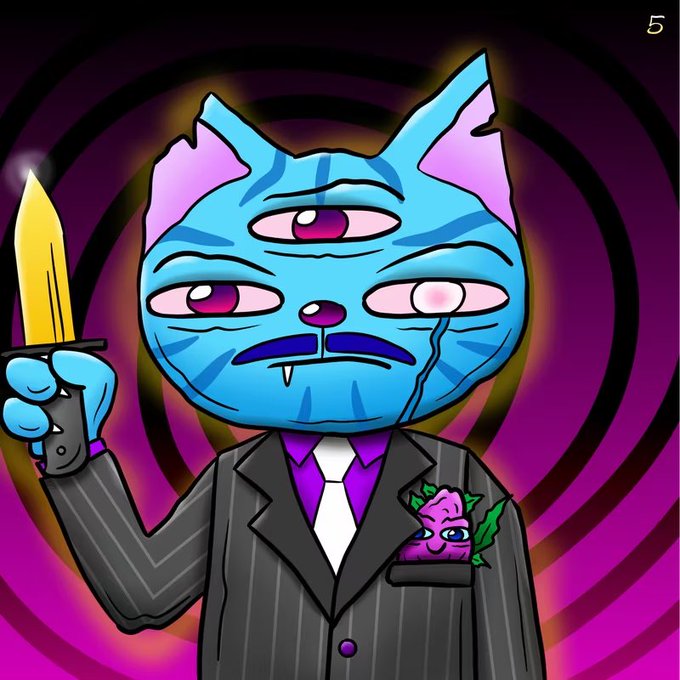 A cartoon blue cat character with three eyes, a mustache, and fang, wearing a pinstripe suit with a purple tie, holding a yellow knife, set against a purple spiral background.