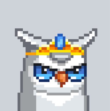 Pixel art of a character with grey/white horned headgear, blue gemmed crown, blue eyes, and what appears to be a tear or blood streak on their face.