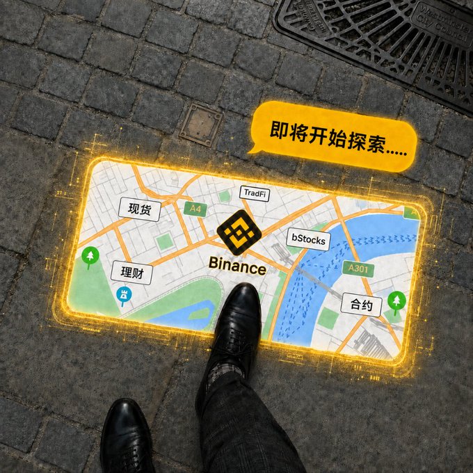 A person stands on a cobblestone street, looking down at a glowing, holographic map on the ground that displays the Binance logo at its center, surrounded by Chinese text labels for "现货" (Spot), "理财" (Earn), "TradFi," "bStocks," and "合约" (Futures), with a speech bubble reading "即将开始探索....." (About to start exploring....). The image visually reinforces the post's message of embarking on a journey to explore Binance's diverse trading opportunities.
