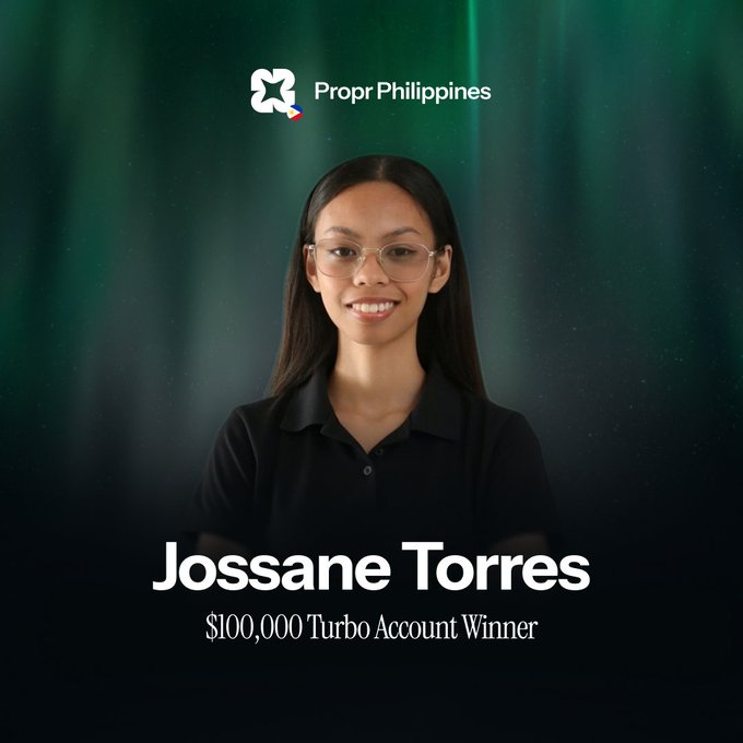A promotional image for Propr Philippines featuring a smiling woman with glasses, labeled 'Jossane Torres' and '$100,000 Turbo Account Winner' against a green aurora background.