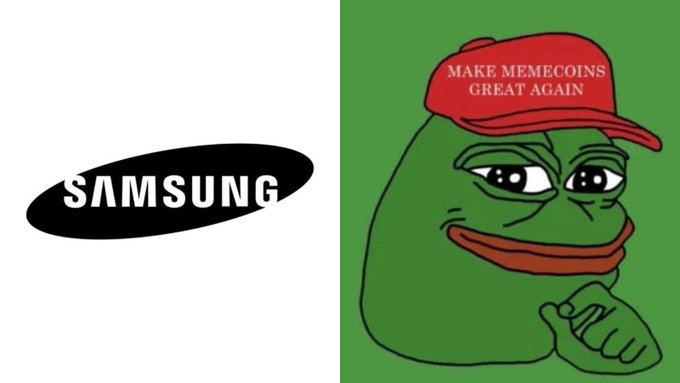 The image features the Samsung logo alongside a Pepe the Frog meme wearing a red "MAKE MEMECOINS GREAT AGAIN" hat, visually representing the rumored integration of $PEPE meme coin into Samsung's Galaxy ecosystem across 800+ million devices.