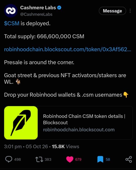A screenshot of a Cashmere Labs tweet announcing the deployment of the $CSM token with a total supply of 666,600,000 on Robinhood Chain, featuring a Blockscout link preview and noting that presale is upcoming with Goat Street and previous NFT holders being whitelisted. The tweet aligns with the accompanying post, which elaborates on the deployment details, whitelisting criteria, and call to action for users to submit their Robinhood wallet addresses and .csm usernames.