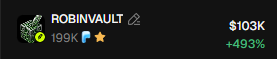 The image shows a portfolio position for RobinVault with a current value of $103K, representing a +493% gain on an initial $199K entry, closely matching the post's "35K → 105K" growth narrative of a profitable investment.