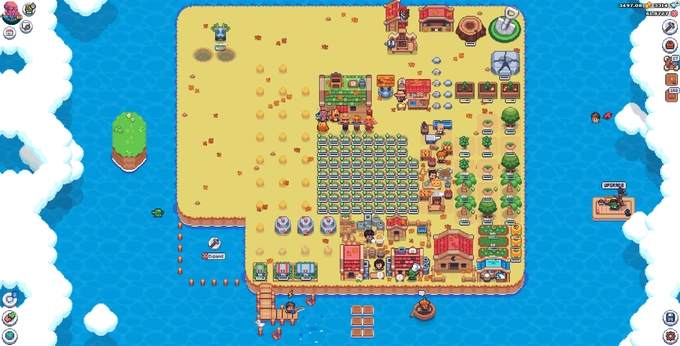 Screenshot of a colorful pixel-art island-building/management game showing a sandy island with farms, houses, and production facilities surrounded by ocean.