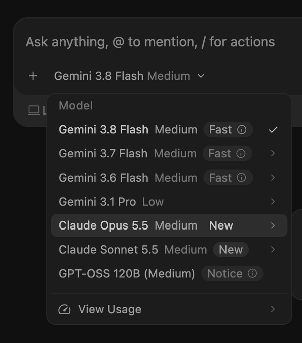 A model selection dropdown menu in a chat interface, displaying options including Gemini 3.8 Flash Medium (selected), Gemini 3.7 Flash Medium, Gemini 3.6 Flash Medium, Gemini 3.1 Pro, Claude Opus 5.5 Medium, Claude Sonnet 5.5 Medium, and GPT-OSS 120B (Medium), with a 'View Usage' link at the bottom.