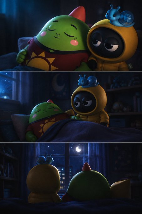 Three-panel scene showing two cute cartoon characters in onesie costumes (one green, one yellow with a snail) cuddling together in bed at night looking out a window.