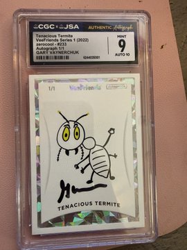 A CGC graded 9 Mint auto card titled 'Tenacious Termite' from Veefriends Series 1 (2022), featuring a cartoon ant drawing with Gary Vaynerchuk's signature.