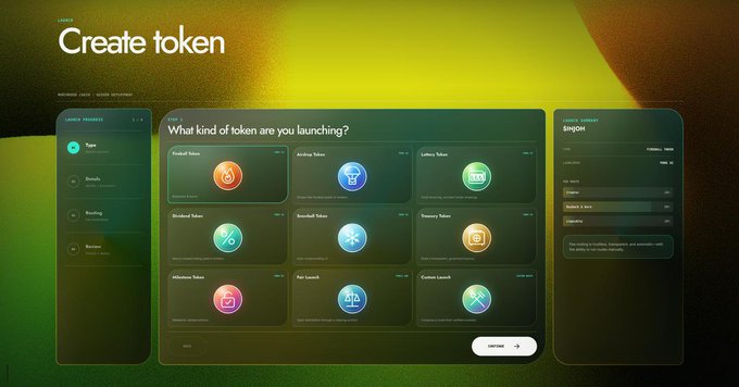 A dark-themed UI mockup for creating a cryptocurrency token, showing a modal titled "What kind of token are you launching?" with options including Football Token, Airline Token, Lottery Token, Dividend Token, Baseball Token, Treasury Token, Milestone Token, Fan Launch, and Custom Launch.
