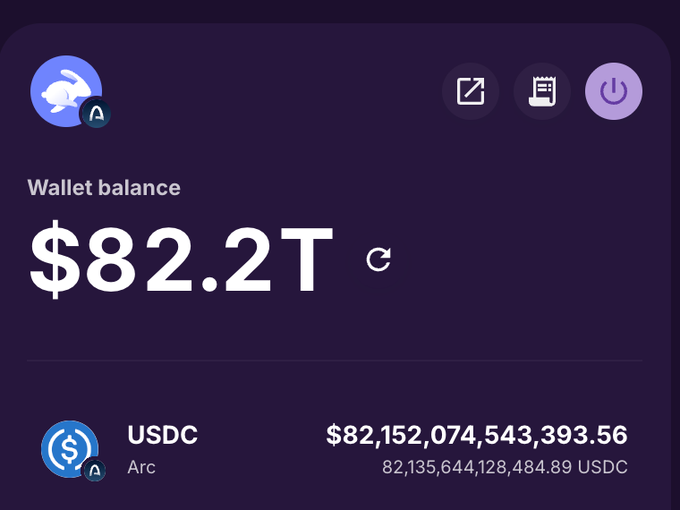 Cryptocurrency wallet interface showing a wallet balance of '$82.2T' for USDC on the Arc network, with a refresh icon and power button in the top right corner.