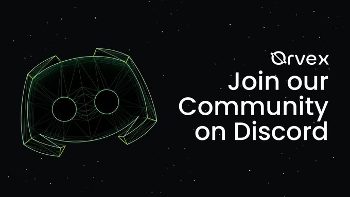 Promotional graphic with a green wireframe logo on a starry background, displaying text 'Orvex - Join our Community on Discord'.
