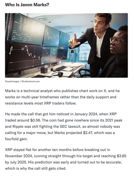 The image is an article titled "Who Is Javon Marks?" featuring a photo of two analysts reviewing cryptocurrency charts on multiple monitors. It explains that Marks is a technical analyst who gained attention in January 2024 for predicting XRP would reach $2.47 from around $0.56, a call that proved accurate when XRP hit $3.65 by July 2025, lending credibility to his bold $15+ price target referenced in the post.