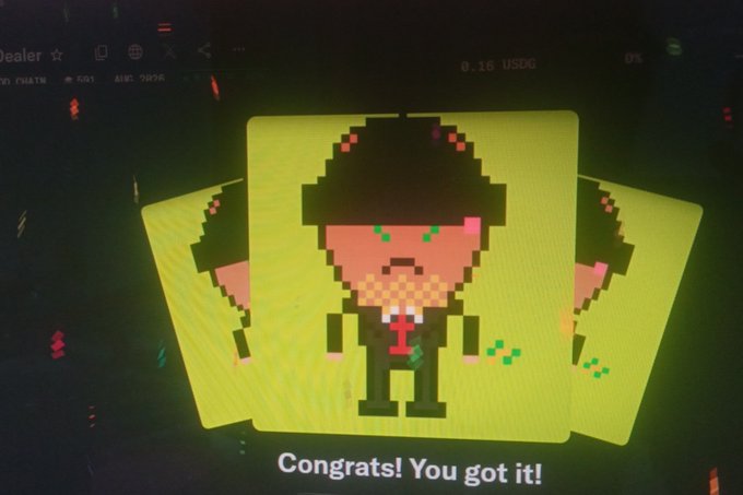 A digital screen displaying a pixel-art NFT character in a green suit and hat, with the text 'Congrats! You got it!' at the bottom.
