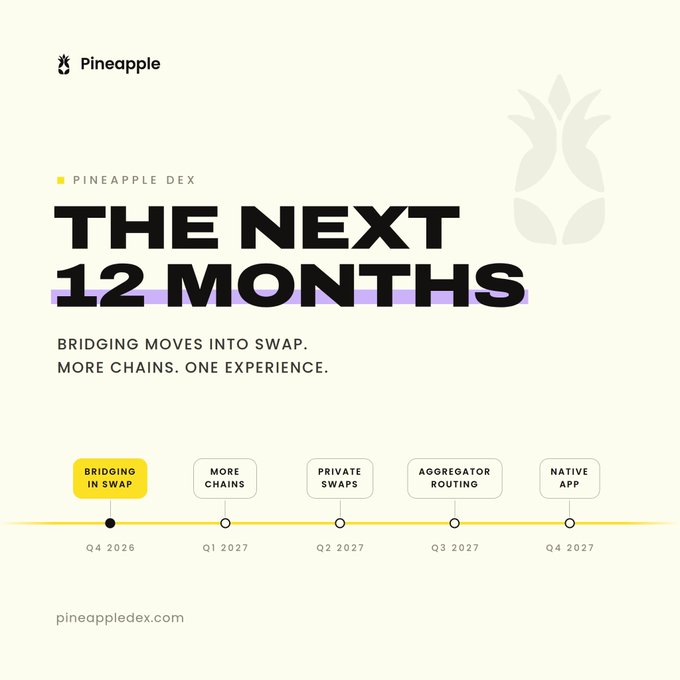 Pineapple DEX roadmap titled 'THE NEXT 12 MONTHS' outlining 'Bridging moves into swap. More chains. One experience.' with timeline milestones: Bridging in Swap (Q4 2026), More Chains (Q1 2027), Private Swaps (Q2 2027), Aggregator Routing (Q3 2027), and Native App (Q4 2027).