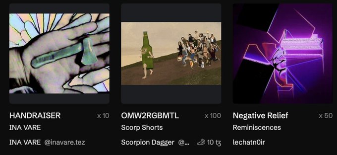 Three NFT thumbnails displayed for sale: 'HANDRAISER' by INA VARE (×10), 'OMW2RGBMTL' Scorp Shorts by Scorpion Dagger (×100, 10 ꜩ), and 'Negative Relief' by Reminiscences / lechatn0ir (×50).
