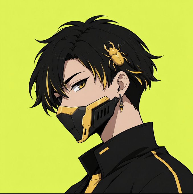 Anime-style illustration of a young man with black and yellow hair wearing a black and yellow mask, with a golden beetle (scarab) on his head and a pointed earring, set against a bright yellow-green background.