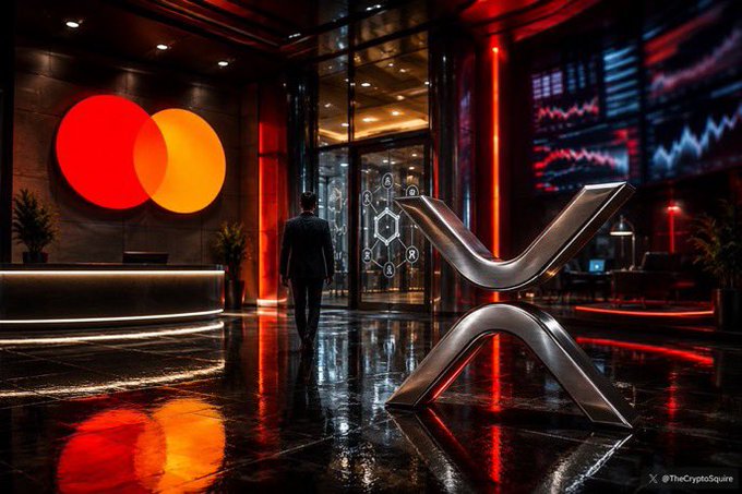 A stylized crypto-themed image showing a man in a suit walking into a futuristic room with red lighting, a large XRP logo sculpture, and Mastercard logos, watermarked '@TheCryptoSquare'.