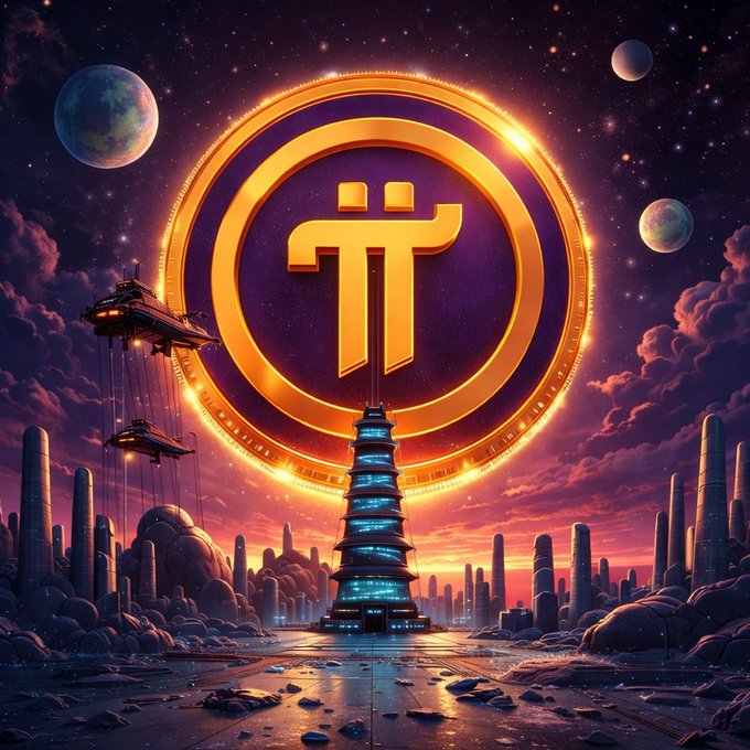 A glowing Pi Network logo (π symbol) towers over a futuristic alien cityscape at sunset, with spaceships hovering nearby and planets visible in the starry sky, symbolizing the network's ambitious vision and the cosmic scale of its mobile-mined crypto ecosystem reaching a new milestone with mainnet launch and Protocol v25.