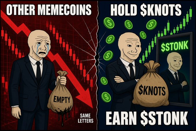 A split-panel meme compares a crying man holding an "EMPTY" bag amid crashing red charts ("OTHER MEMECOINS") against a smiling man beside a large "$KNOTS" bag, floating dollar coins, and a green rising chart labeled "$STONK" ("HOLD $KNOTS — EARN $STONK"). The image visually reinforces the post's message that holding $KNOTS yields $STONK rewards, contrasting it with the typical losses seen in other memecoins.