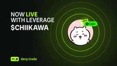 The image is a promotional graphic announcing "$CHIIKAWA" is "NOW LIVE WITH LEVERAGE" on DerpTrade, featuring a cute cartoon cat character inside a radar/target design with a "DERPTRADE" tag. It visually ties to the post by celebrating the listing of the $CHIIKAWA token on DerpTrade during "derp cat szn."