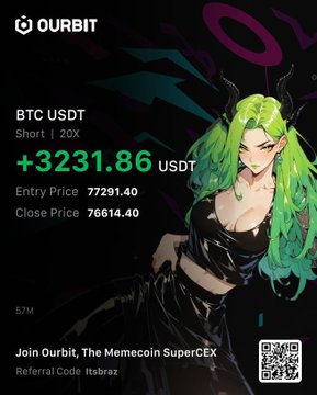 The image features a woman with green hair wearing a black outfit, standing against a black background. The text of the image includes the words "join Ourbit" and "the memecex supercex", which are likely related to Bitcoin trading or cryptocurrency-related activities.