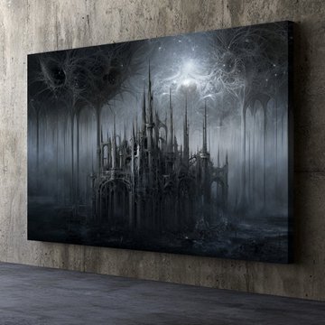 A dark gothic canvas artwork displayed on a wall, depicting a shadowy, intricate castle with spires surrounded by skeletal, thorny trees under a glowing sky.