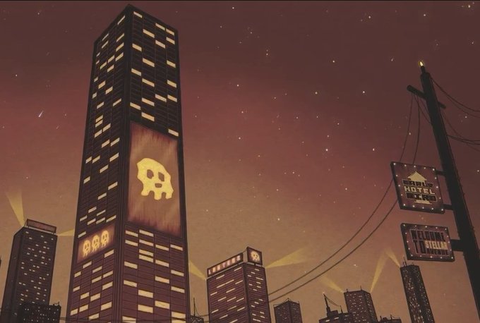 A stylized digital illustration of a cityscape at night with a starry reddish-orange sky, featuring a tall skyscraper displaying a glowing yellow skull symbol on its side, alongside 'CAFE OPERA' signs and smaller illuminated buildings.