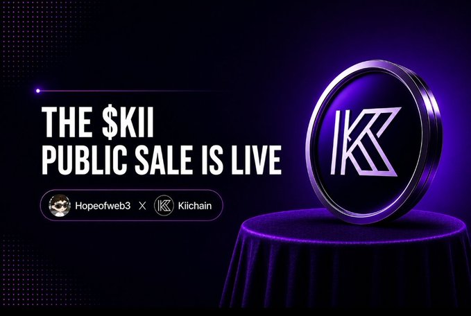A promotional banner announcing 'THE $KII PUBLIC SALE IS LIVE' featuring a glowing 3D K token coin on a pedestal, with a collaboration tag for Hopeofweb3 × Kiichain.