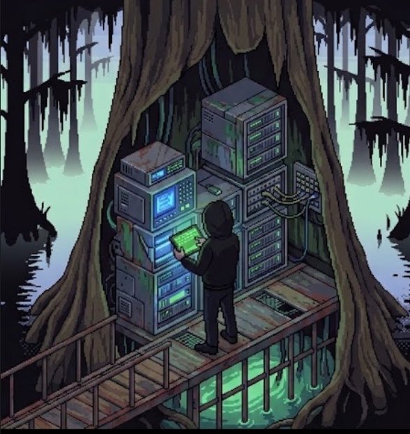 An illustrated scene of a hooded figure operating a glowing green computer terminal, surrounded by stacked server racks hidden inside a massive, moss-covered tree in a swampy forest.
