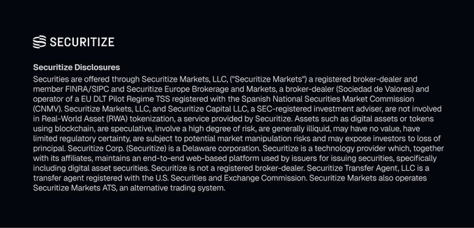 A 'Securitize Disclosures' page provides regulatory information about Securitize Markets, LLC, and related entities like Securitize Europe Brokerage and Markets, registered broker-dealers and operators of the Securitize Markets ATS.