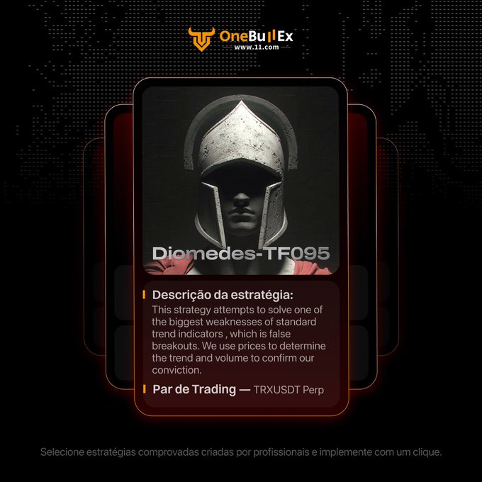 A OneBullEx promotional graphic for trading strategy 'Diomedes-TF095' (TRXUSDT Perp), featuring a Spartan helmet and text in Portuguese and English.