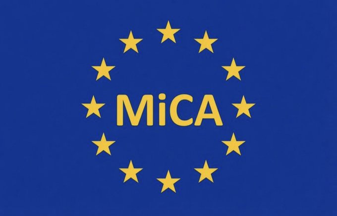 A blue flag with twelve yellow stars arranged in a circle, styled like the EU flag, displays the text "MiCA" in bold yellow letters at its center, representing the European Union's Markets in Crypto-Assets regulation coming into effect.