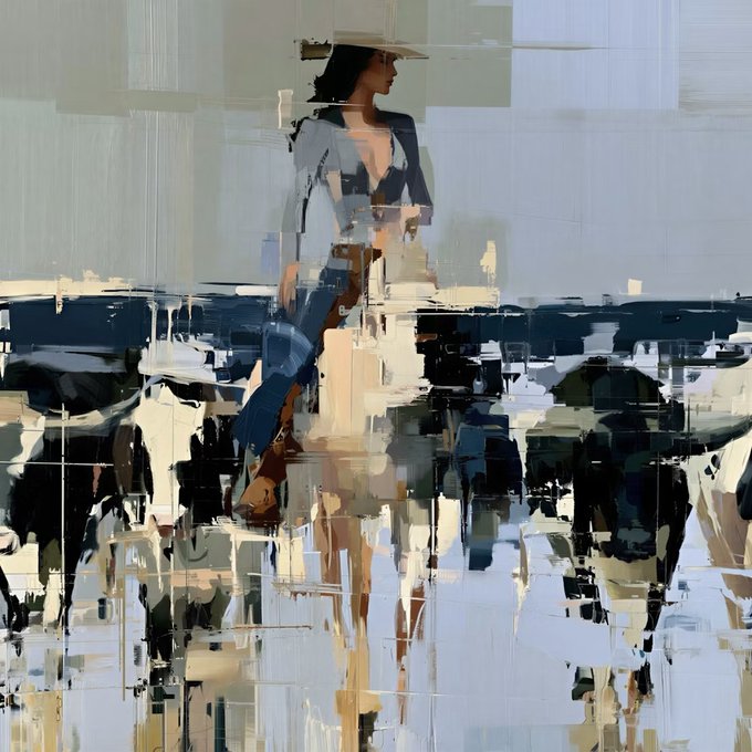 An abstract impressionist painting depicting a figure wearing a wide-brimmed hat and blue garment, rendered with fragmented brushstrokes in white, blue, and earth tones.