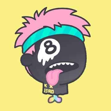 A cartoon character with pink spiky hair, a teal headband, an 8-ball face, tongue sticking out, and a shirt reading 'KX IERO' on a yellow background.
