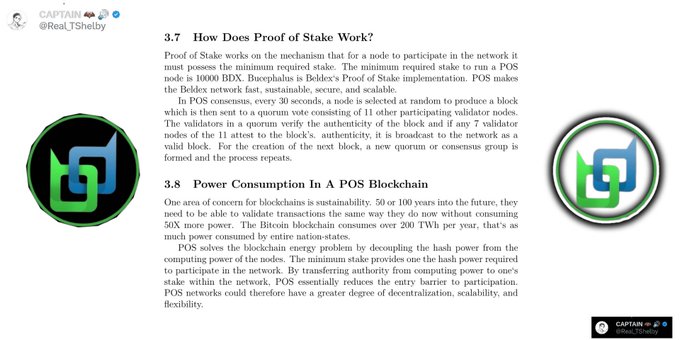 A blog post by 'CAPTAIN @Real_TShelby' explaining Proof of Stake and Power Consumption in POS Blockchain, featuring Beldex logos.