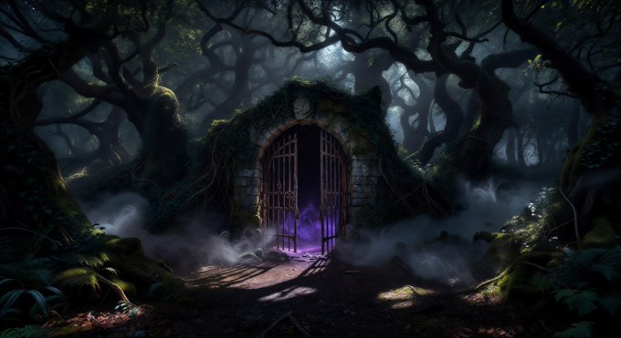 A dark, atmospheric fantasy scene depicting a stone archway with an open wrought-iron gate revealing a purple glow, surrounded by gnarled trees and mist in a forest.