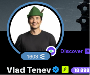 A profile picture of Vlad Tenev with the username "1603" and a "Discover" label is displayed, showing the account still has his image as the avatar despite the post being deleted, suggesting the scammer controls the account and removed the post themselves rather than through account recovery.