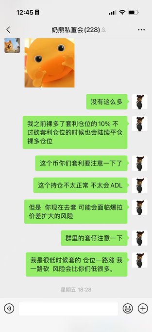 A WeChat group chat screenshot titled '奶熊私董会 (228)' showing a user sending multiple green message bubbles discussing cryptocurrency arbitrage positions and risks.