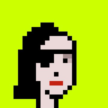 A low-resolution pixel art portrait of a woman with black hair and red lips against a bright yellow-green background.