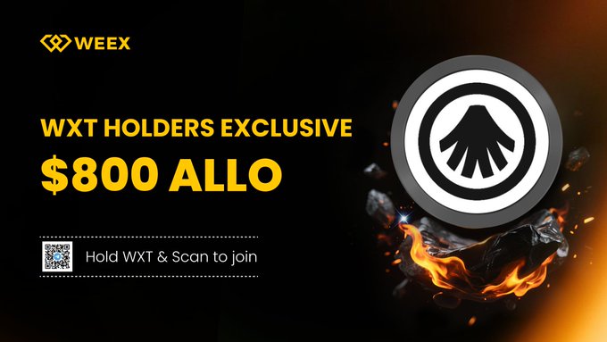 The image presents an advertisement for a cryptocurrency, featuring a fire-filled logo with the text "WXT Holders Exclusive $800 ALLO" against a black background. The image also includes an overlay of the Weex website's URL at the bottom right corner and details on how to join the WXT community or what users can do if they're new.