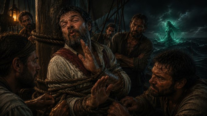 A dark, dramatic fantasy-style illustration of weathered sailors on a stormy ship at night, with one man tied to a mast and a ghostly green figure visible in the turbulent seas behind them.
